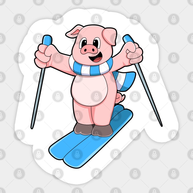 Pig as Skier with Ski Scarf & Ski poles Sticker by Markus Schnabel